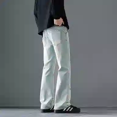 尘映 美式高街微喇设计弹力潮牌痞帅休闲宽松直筒牛仔裤 男女同款 浅蓝