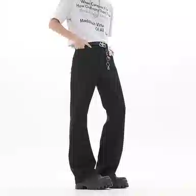 尘映  美式高街校园穿搭无性别直筒纯色基础款垂感工装中腰合身休闲宽松废土风长裤水洗做旧微喇裤子牛仔裤 男女同款