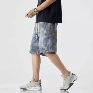 尘映 薄款迷彩休闲宽松直筒牛仔短裤 男款