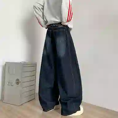 尘映 美式潮牌复古高街宽松水洗做旧阔腿牛仔裤 男女同款 深蓝色
