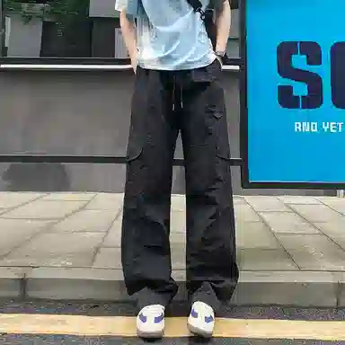 尘映 美式潮牌高街设计感防水速干男小众早秋校园穿搭微阔腿弹力抽绳显高百搭运动通勤长裤宽松纯色直筒裤子工装裤 男女同款