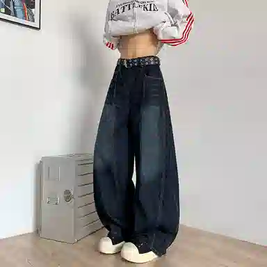 尘映 美式潮牌复古高街宽松水洗做旧阔腿牛仔裤 男女同款 深蓝色