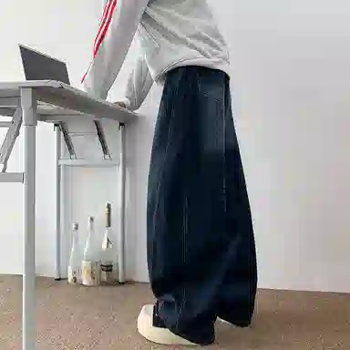 尘映 美式潮牌复古高街宽松水洗做旧阔腿牛仔裤 男女同款 深蓝色