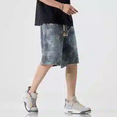 尘映 薄款迷彩休闲宽松直筒牛仔短裤 男款