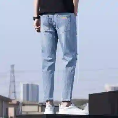尘映 美式高街潮牌复古破洞水洗休闲百搭透气清凉九分小脚修身牛仔裤 男女同款