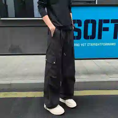 尘映 美式高街痞帅早秋常规防水伞兵裤校园穿搭直筒阔腿裤男宽松拖地裤无性别亲肤学院百搭通勤运动裤子休闲裤 男女同款
