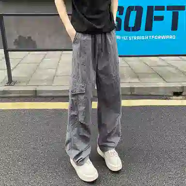 尘映 美式潮牌高街设计感防水速干男小众早秋校园穿搭微阔腿弹力抽绳显高百搭运动通勤长裤宽松纯色直筒裤子工装裤 男女同款