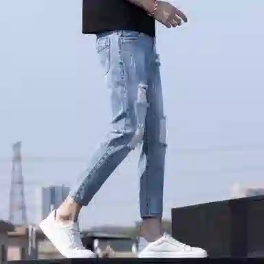 尘映 美式高街复古潮牌破洞水洗直筒休闲百搭透气清凉九分小脚修身牛仔裤 男女同款