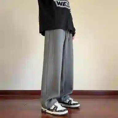 尘映 美式高街痞帅早秋常规加绒款菠萝格校园穿搭直筒阔腿裤男宽松拖地裤无性别亲肤学院百搭通勤运动裤子休闲裤 男女同款