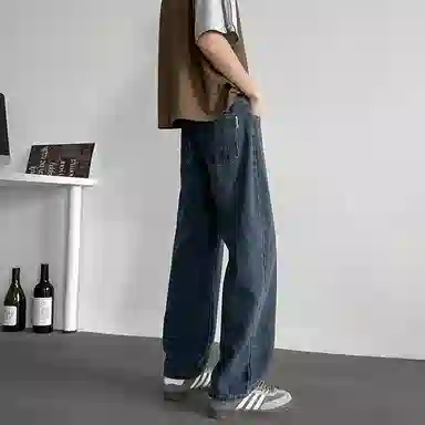 尘映 美式复古休闲潮流宽松直筒牛仔裤 男女同款 蓝色