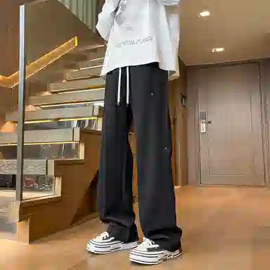 尘映 美式潮牌薄款宽松直筒阔腿工装松紧腰休闲裤 男款