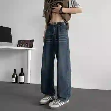 尘映 美式复古休闲潮流宽松直筒牛仔裤 男女同款 蓝色