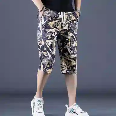 尘映 潮牌薄款满印设计七分运动裤直筒宽松沙滩裤休闲短裤 男款