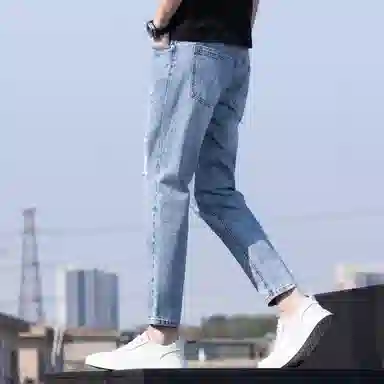 尘映 美式高街潮牌复古破洞水洗休闲百搭透气清凉九分小脚修身牛仔裤 男女同款