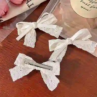 希铃 云朵蕾丝白色蝴蝶结 棉麻 发夹 女款