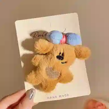 希铃 可爱毛绒蝴蝶结鸭嘴夹发饰小熊#好运 聚酯纤维 发夹 女款