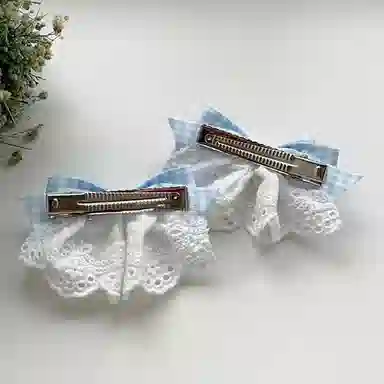 希铃 蓝色泡泡蕾丝蝴蝶结一对甜美 布艺 发夹 女款