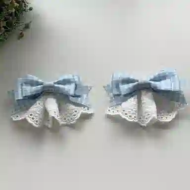 希铃 蓝色泡泡蕾丝蝴蝶结一对甜美 布艺 发夹 女款