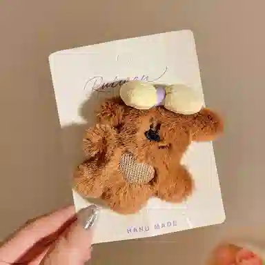 希铃 可爱毛绒蝴蝶结鸭嘴夹发饰小熊#好运 聚酯纤维 发夹 女款