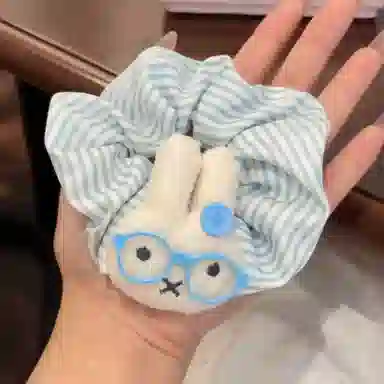 希铃 可爱眼镜兔兔蓝白条纹 布艺 头绳 女款