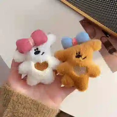 希铃 可爱毛绒蝴蝶结鸭嘴夹发饰小熊#好运 聚酯纤维 发夹 女款