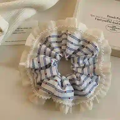 希铃 韩系蓝色条纹 蕾丝 发圈 女款