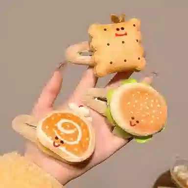 希铃 可爱趣味饼干汉堡毛绒 聚酯纤维 发夹 女款