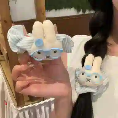 希铃 可爱眼镜兔兔蓝白条纹 布艺 头绳 女款