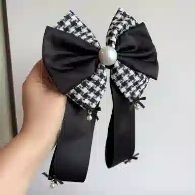 希铃 千金风大气时尚 千鸟格缎面蝴蝶结珍珠 优雅法式流苏 纯棉 发夹 女款