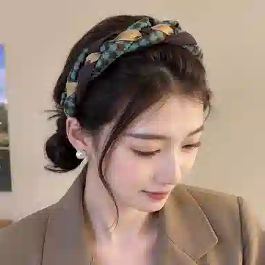 希铃 棕绿格纹编织麻花高颅顶 布艺 发箍 女款