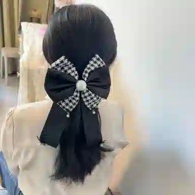 希铃 千金风大气时尚 千鸟格缎面蝴蝶结珍珠 优雅法式流苏 纯棉 发夹 女款