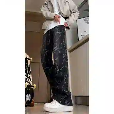 悍戈 美式高街满印提花水洗直筒百搭潮牌长裤牛仔裤 男女同款