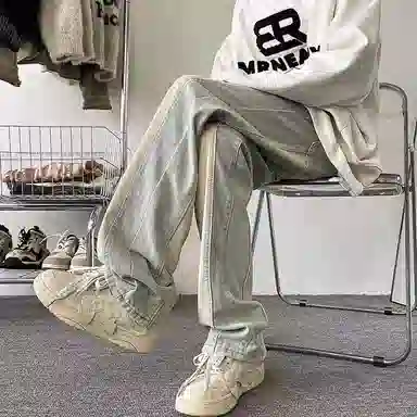 悍戈 美式复古潮流拼接设计感舒适百搭牛仔裤 男女同款