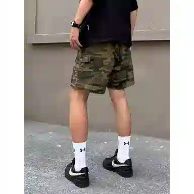 轻迎 美式复古迷彩宽松休闲五分裤工装短裤 男女同款