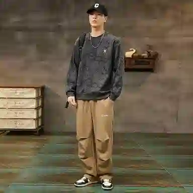 赛瀚 美式潮牌圆领卫衣外套男款复古休闲长袖厚款百搭秋季舒适亲肤男装宽松上衣显瘦显高青少年高街外穿通勤高级感男士衣服 男女同款