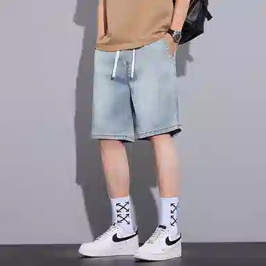 赛瀚 休闲五分裤美式潮牌高街风薄款凉感透气宽松直筒中裤子复古做旧抽绳松紧腰多口袋时尚百搭牛仔短裤 男女同款