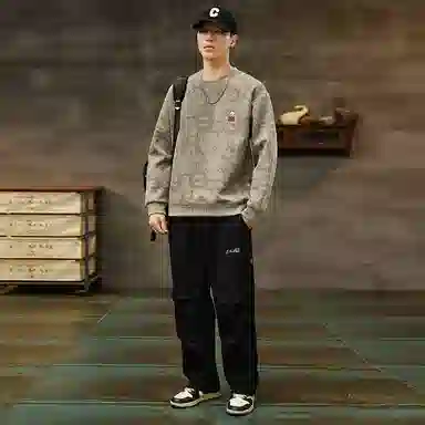赛瀚 美式潮牌圆领卫衣外套男款复古休闲长袖厚款百搭秋季舒适亲肤男装宽松上衣显瘦显高青少年高街外穿通勤高级感男士衣服 男女同款