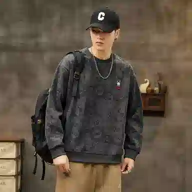 赛瀚 美式潮牌圆领卫衣外套男款复古休闲长袖厚款百搭秋季舒适亲肤男装宽松上衣显瘦显高青少年高街外穿通勤高级感男士衣服 男女同款