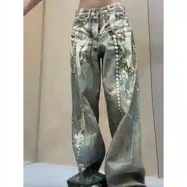 MORii 3D Digital Print Lace Pearl Chain Cargo Jeans