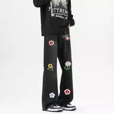 萌芽熊 美式高街弯刀直筒做旧水果花卉字母水洗中腰休闲阔腿垂感宽松百搭弹力破洞牛仔裤 男女同款