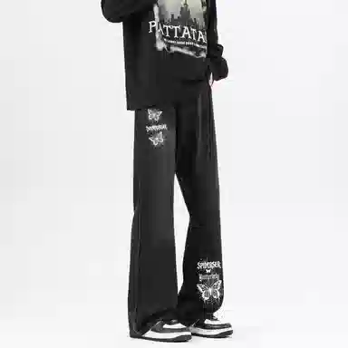 萌芽熊 美式高街复古弯刀裤直筒基础做旧手绘趣味蛛网蝴蝶品牌字母图案水洗中腰休闲废土风阔腿垂感宽松百搭弹力黄泥染色牛仔裤 男女同款