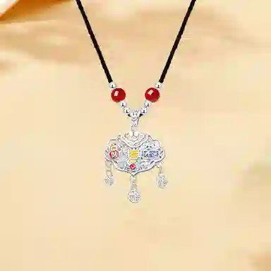 【999足银纯银】 七好美银 招财开运如意锁国风福字国潮平安锁新中式经典祥云转运招财纳福吊坠小众复古 玛瑙 项链 男女同款情侣款