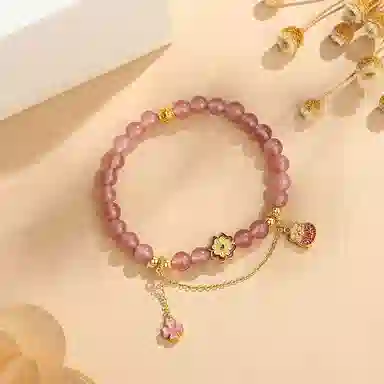 【S925银】 七好美银 四叶草钱袋花朵流苏新中式国风国潮复古温柔文雅幸运相伴小清新轻奢精致简约高级女神百搭#好运 草莓晶 手串 女款