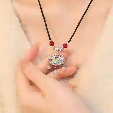 【999足银纯银】 七好美银 招财开运如意锁国风福字国潮平安锁新中式经典祥云转运招财纳福吊坠小众复古 玛瑙 项链 男女同款情侣款