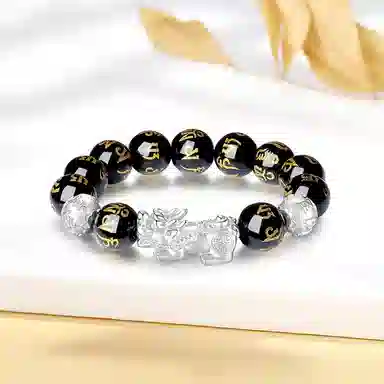 【S999足银纯银】 七好美银 招财貔貅吞金兽八方来财 国潮复古新中式 文玩佛珠 平安喜乐 步步高升转运珠 玛瑙 手串 男款