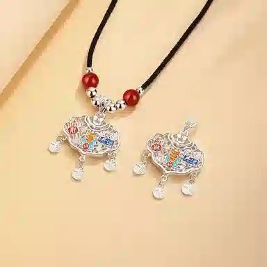 【999足银纯银】 七好美银 招财开运如意锁国风福字国潮平安锁新中式经典祥云转运招财纳福吊坠小众复古 玛瑙 项链 男女同款情侣款