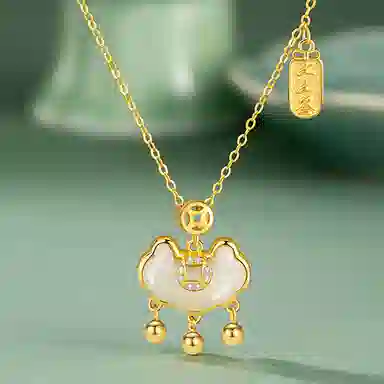 【S925银 幸运上上签】 七好美银 如意平安锁钱币新中式国潮典雅气质招财纳福轻奢转运国潮中国风小众设计 项链 白玉/青白玉 男女同款情侣款