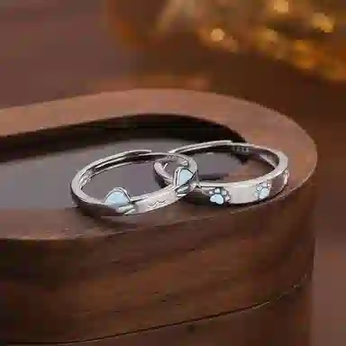 【999纯银 可免费定制刻字 夜光 猫咪日记】  七好美银 可爱喵咪狗狗简约小清新萌趣猫耳生动立体俏皮设计甜蜜 银 戒指 男女同款情侣款