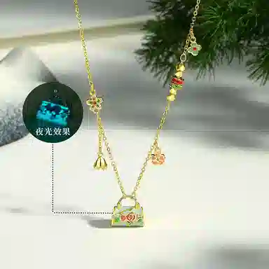 【999足银纯银 锁住浪漫】 七好美银 玫瑰花锁包新中式国风复古夜光珐琅花朵富贵优雅气质时尚日常 首饰 项链 女款