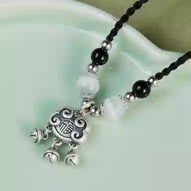 【999足银纯银 平安喜乐】 七好美银 如意锁平安扣新中式古法复古车国风百搭极简福气平安小众设计高级感 玻璃猫眼 项链 男女同款情侣款